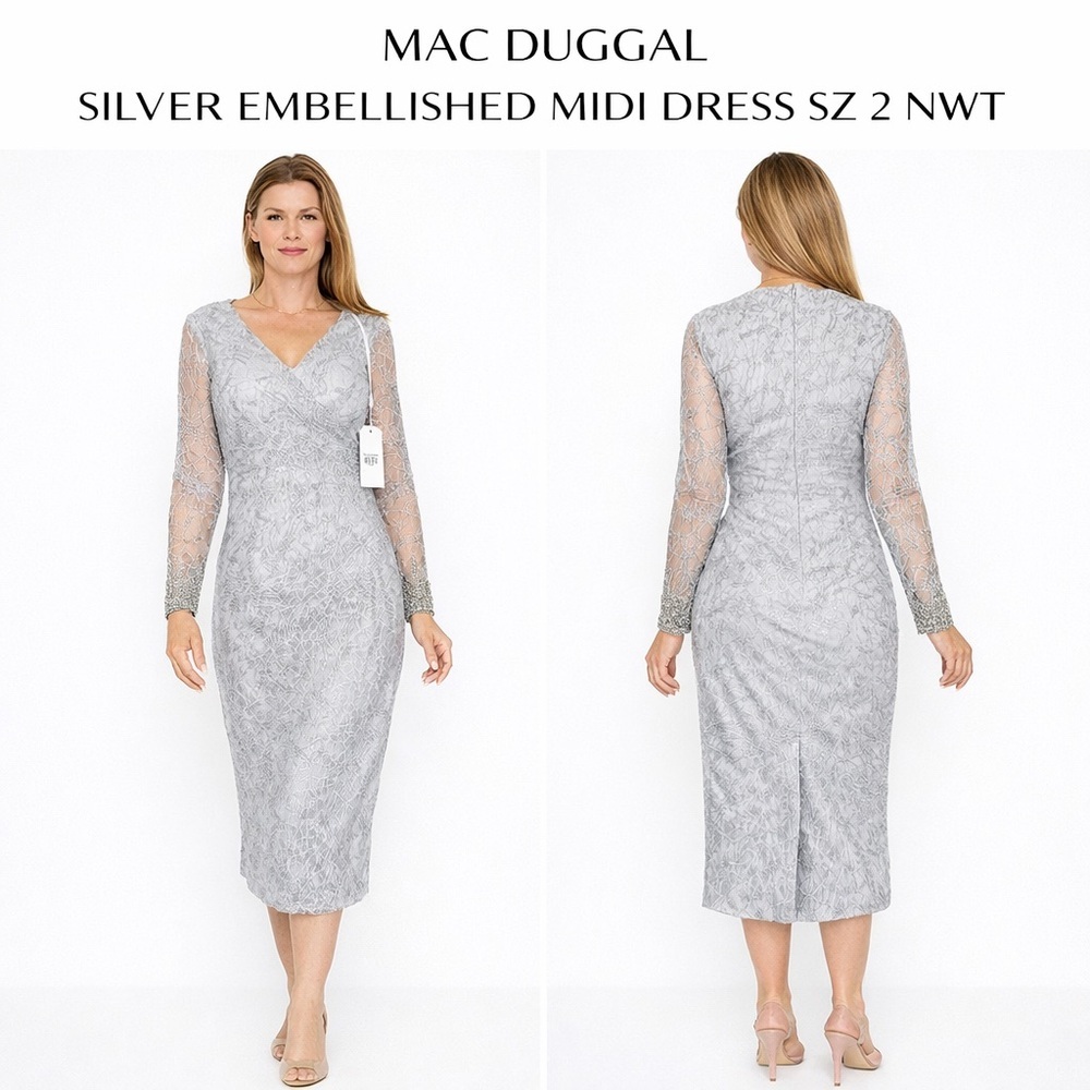 MAC DUGGAL SILVER EMBELLISHED MIDI DRESS SZ 2 NWT